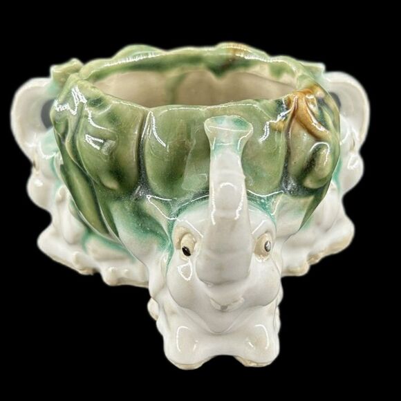 VTG Majolica-Style Ceramic Elephants Trunks Raised, Good Luck Planter Circa1950 - Picture 8 of 8